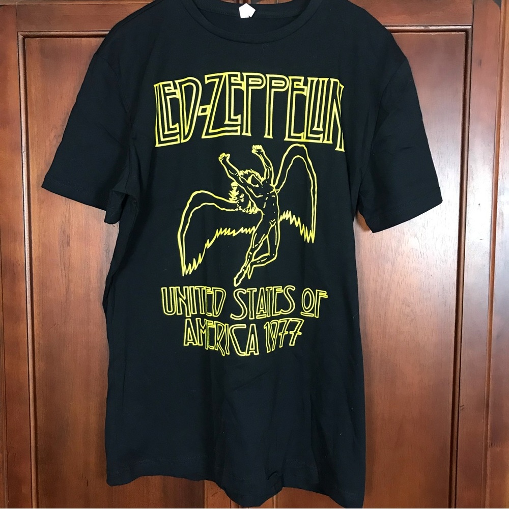 Led Zeppelin Black T-Shirt Yellow Logo Front
